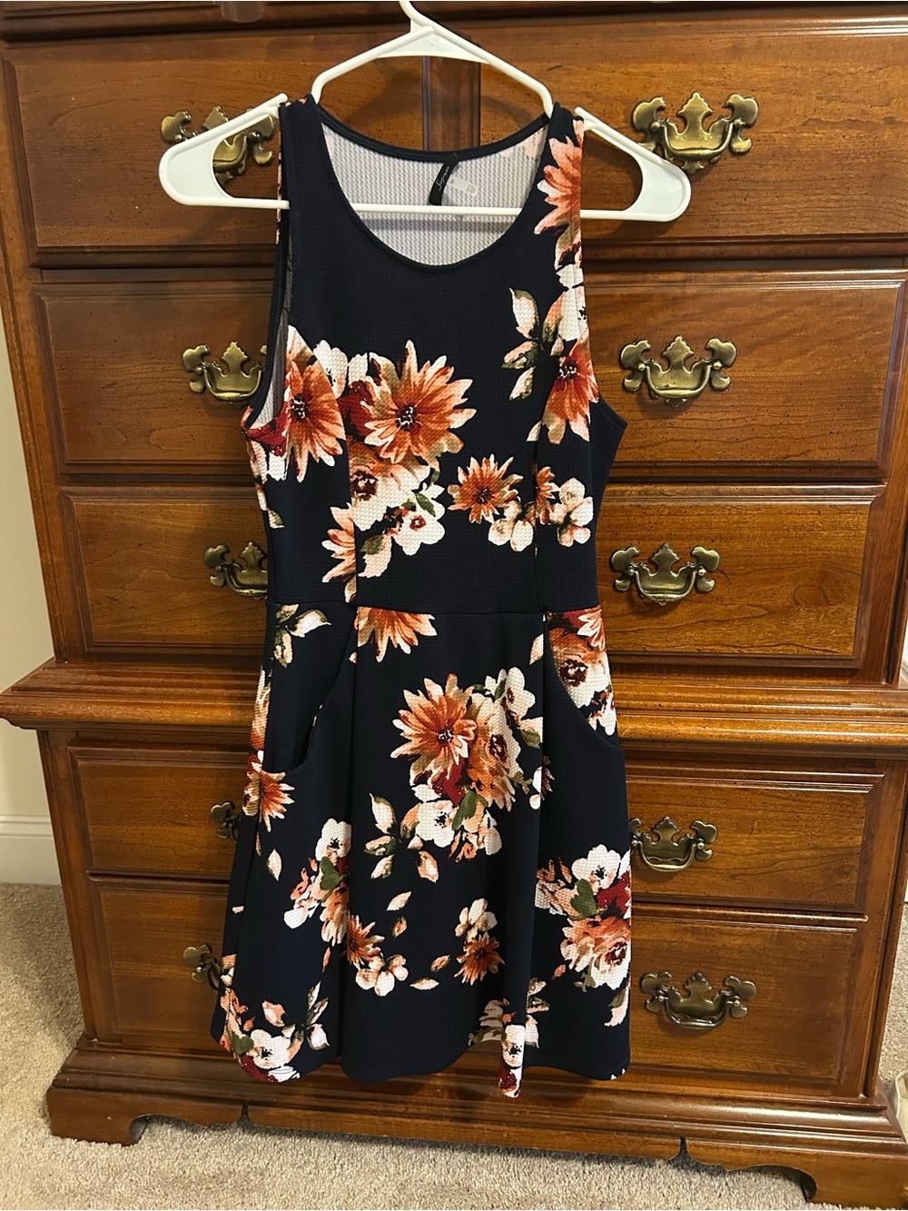 Soprano Navy and White Floral Patterned Dress with Pockets - Picture 1 of 3